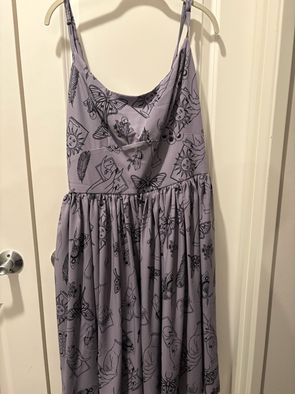 Lavender Spaghetti Strap Midi Dress with Black Witchy Print